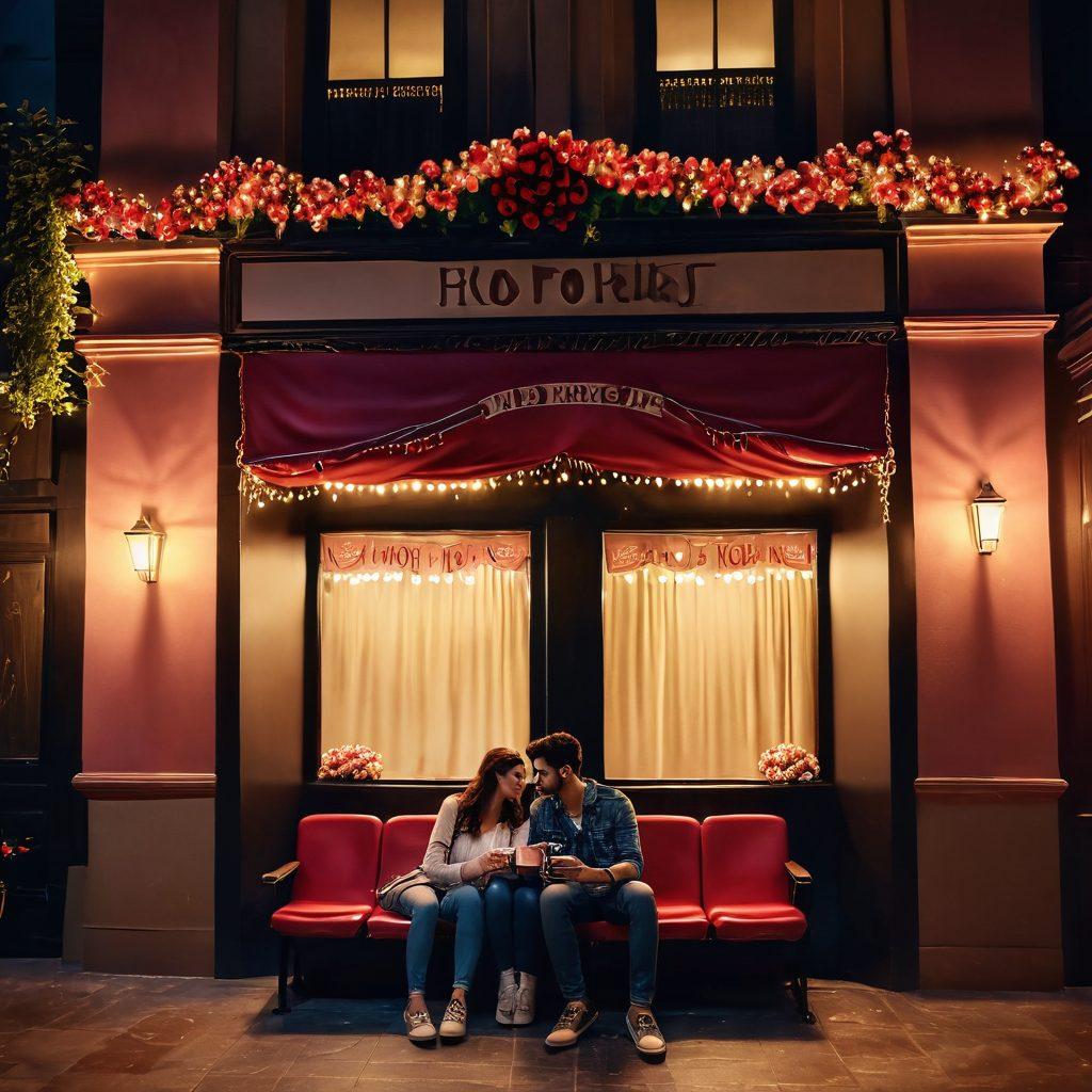 A picturesque cinema hall with a vintage facade, adorned with twinkling fairy lights. In the foreground, a couple is seen sharing popcorn, engrossed in a romantic film on the screen, which glows softly, depicting a passionate scene. The ambiance reflects a warm, nostalgic glow, inviting the viewer to feel the magic of storytelling. Soft focus on romantic elements like love letters and roses around the cinema. vibrant colors. super-realistic.