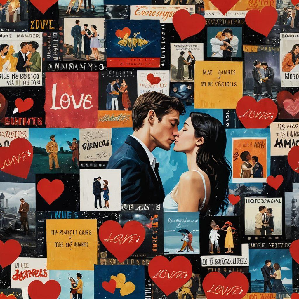 A dynamic collage showcasing a variety of love scenes from both blockbuster films and indie gems, featuring iconic elements such as a dramatic kiss, a rainy backdrop, and hearts intertwined among film reels. The scene should evoke powerful emotions, blending classic cinematic imagery with a modern indie vibe. Include diverse characters to represent different cultures and love stories. vibrant colors. painting.